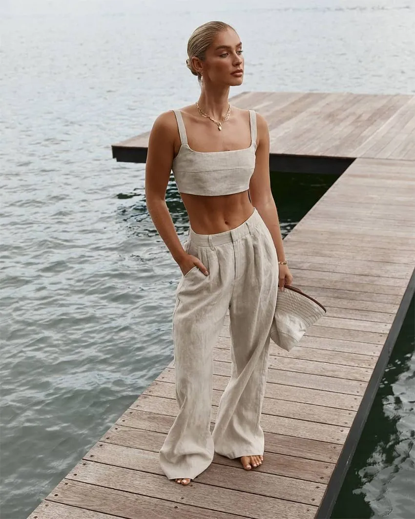 Breathable Matching Two Piece Linen Cami Crop Top With Palazzo Trousers Wide Leg Pants