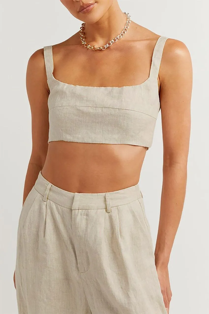 Breathable Matching Two Piece Linen Cami Crop Top With Palazzo Trousers Wide Leg Pants