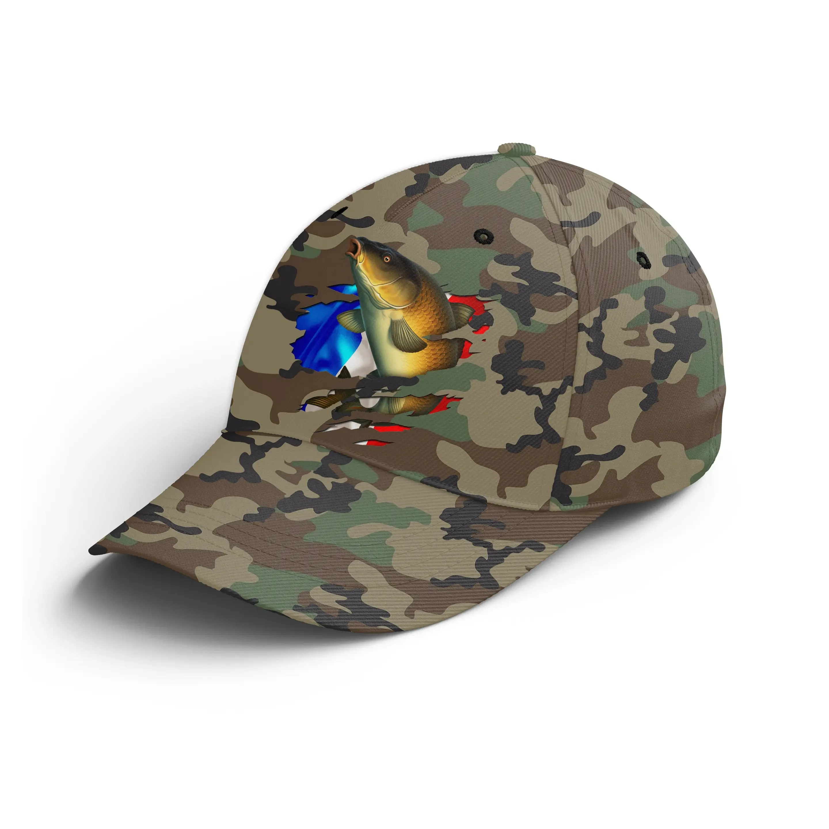 Chiptshirts - Casquette Pêcheur, Pêche de la Carpe, Cadeau Original Fans de Pêche, Motifs Camouflage, Drapeau France - CT01072214