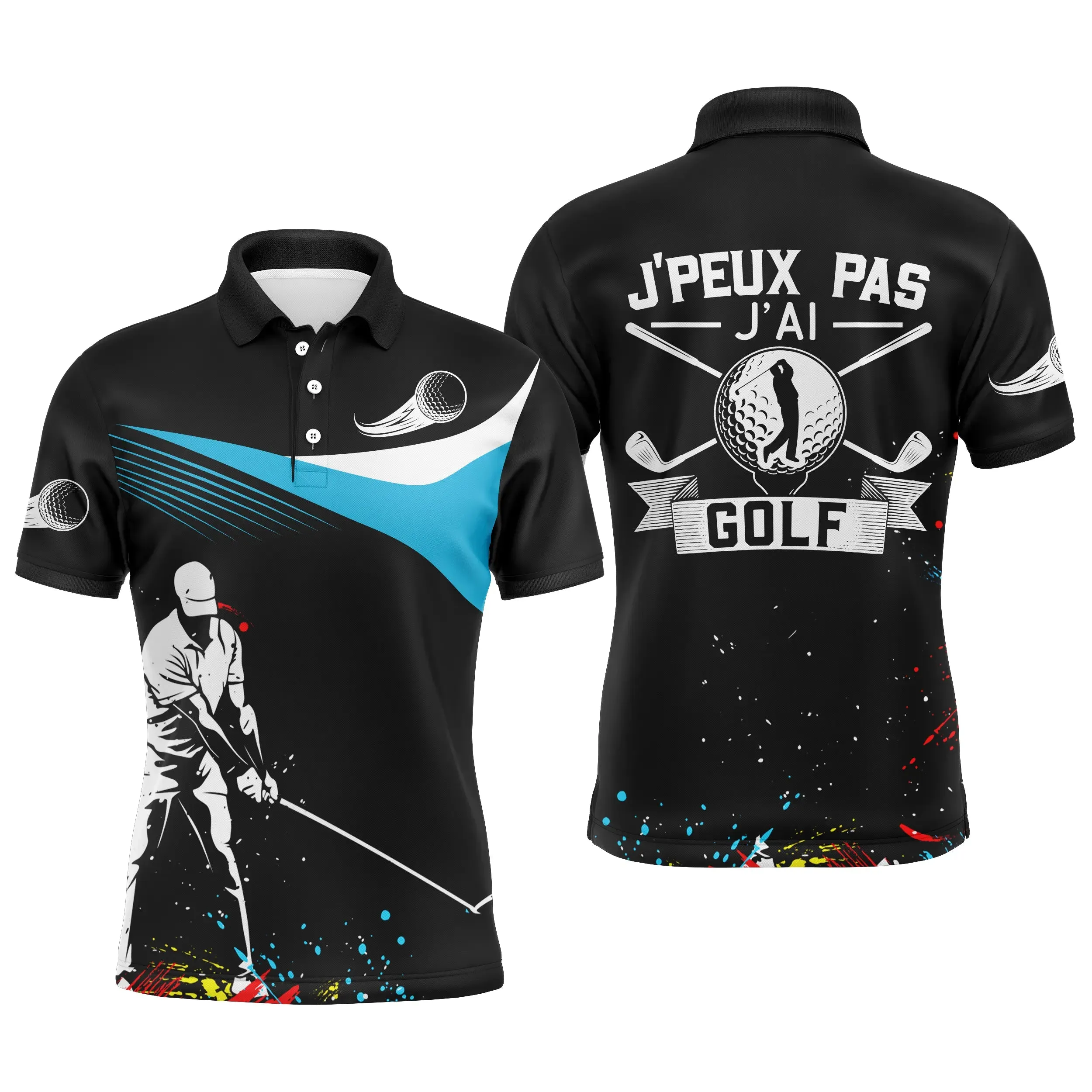 Chiptshirts Polo de Golf, Polo de Sport Manches Longues Homme Femme, Noir et Bleu Ciel, Motif Balle de Golf, Golfeur, Golfeuse, J'peux Pas, J'ai Golf - CT03062229