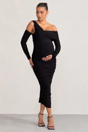 Neile | Robe mi-longue de maternité asymétrique bardot noire avec manches