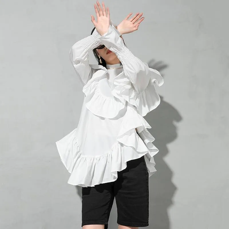 Okimi Asymmetrical Ruffle Long Sleeve Shirt - White