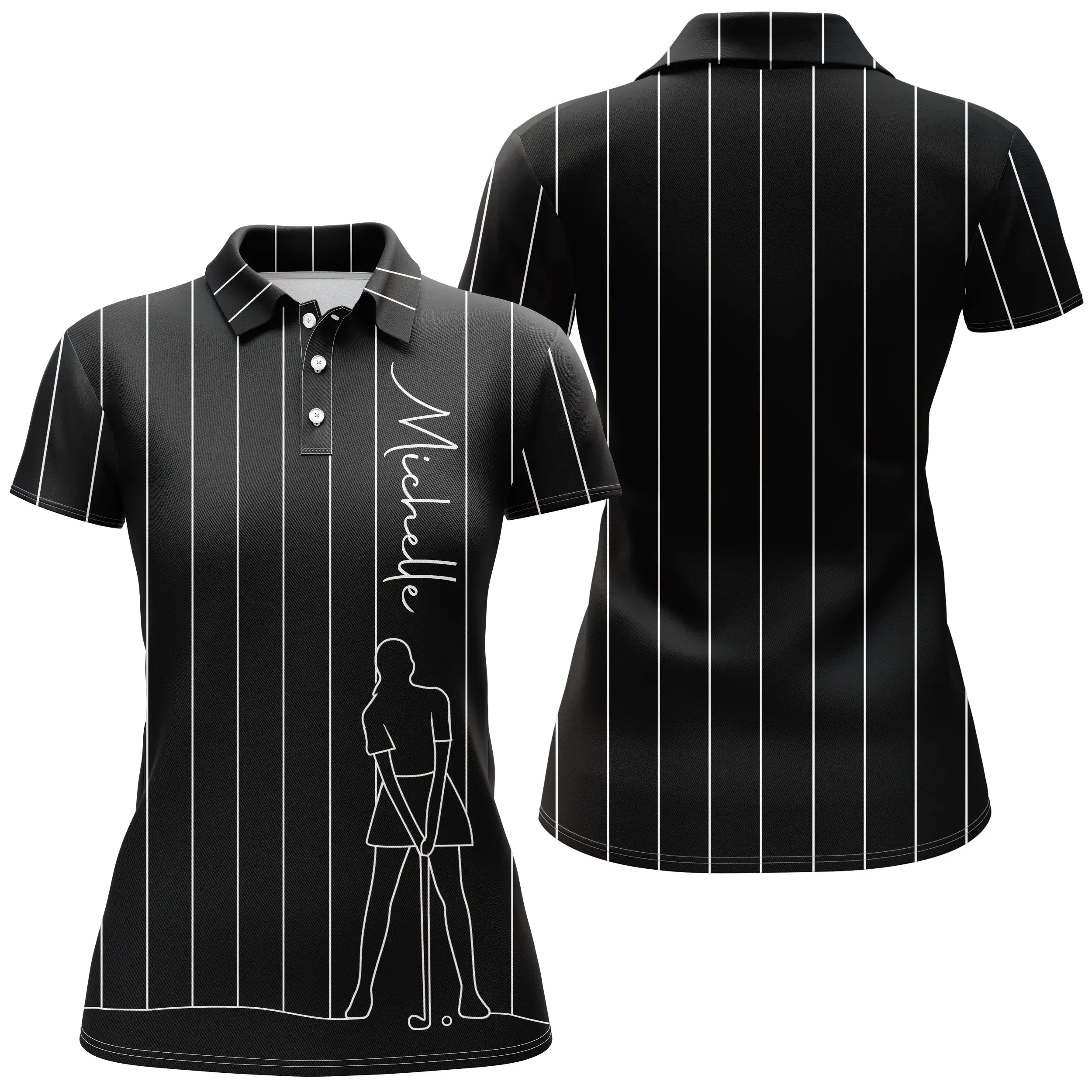 Polo de Golf Personnalisé, Dessin Au Trait Golfeur, Golfeuse, Cadeau Original Pour Fans de Golf, Noir, Blanc, Bleu Marine - CTS19052222