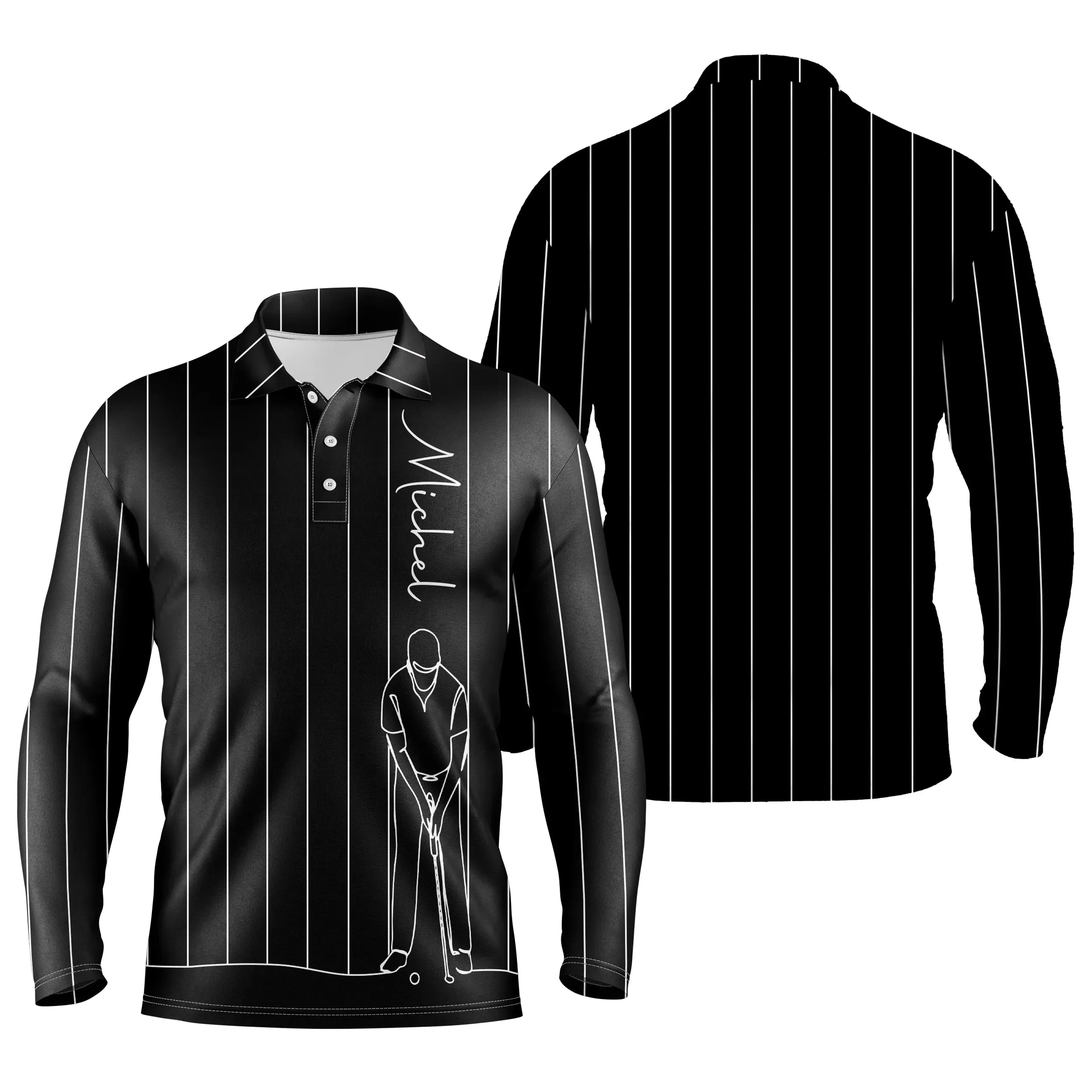 Polo de Golf Personnalisé, Dessin Au Trait Golfeur, Golfeuse, Cadeau Original Pour Fans de Golf, Noir, Blanc, Bleu Marine - CTS19052222