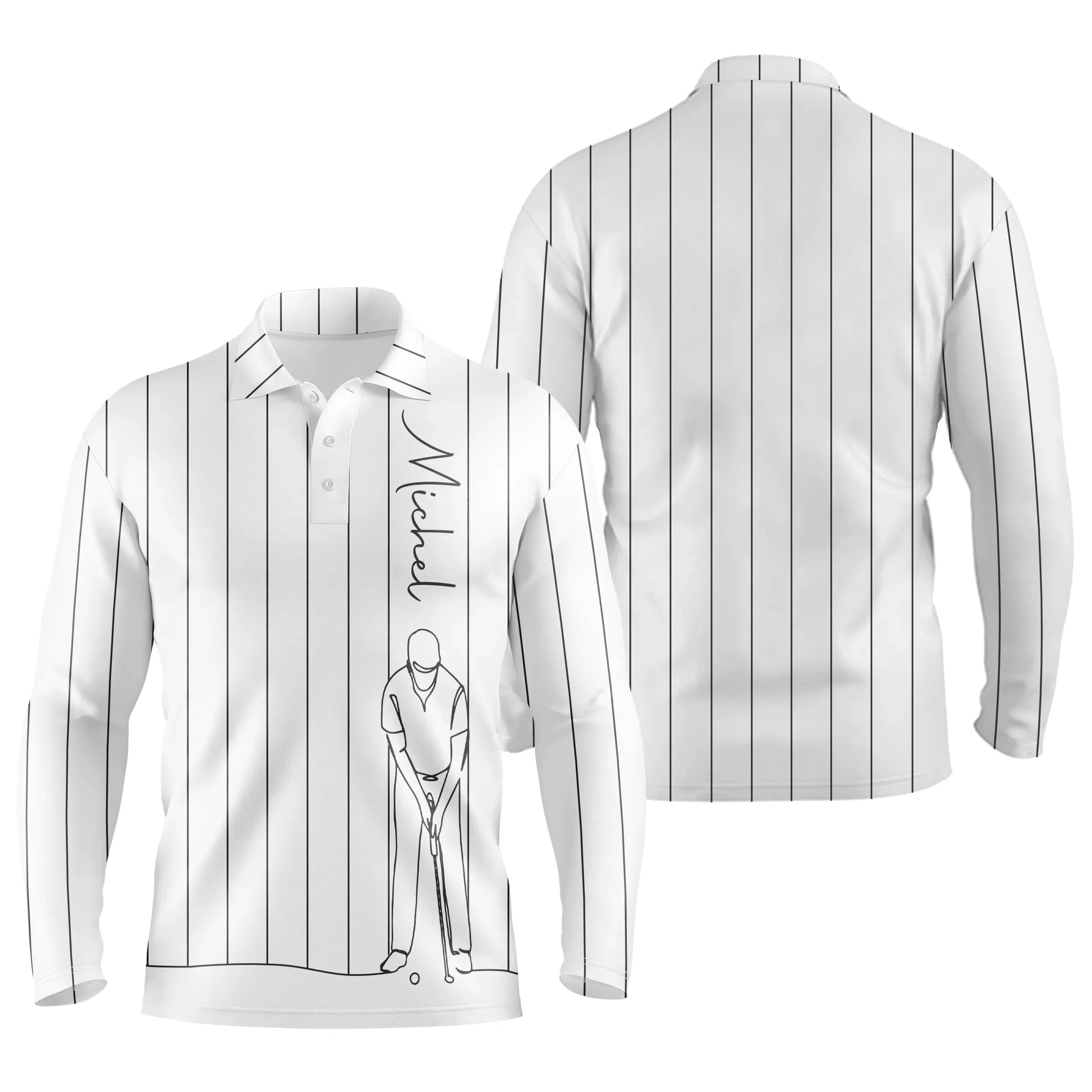 Polo de Golf Personnalisé, Dessin Au Trait Golfeur, Golfeuse, Cadeau Original Pour Fans de Golf, Noir, Blanc, Bleu Marine - CTS19052222