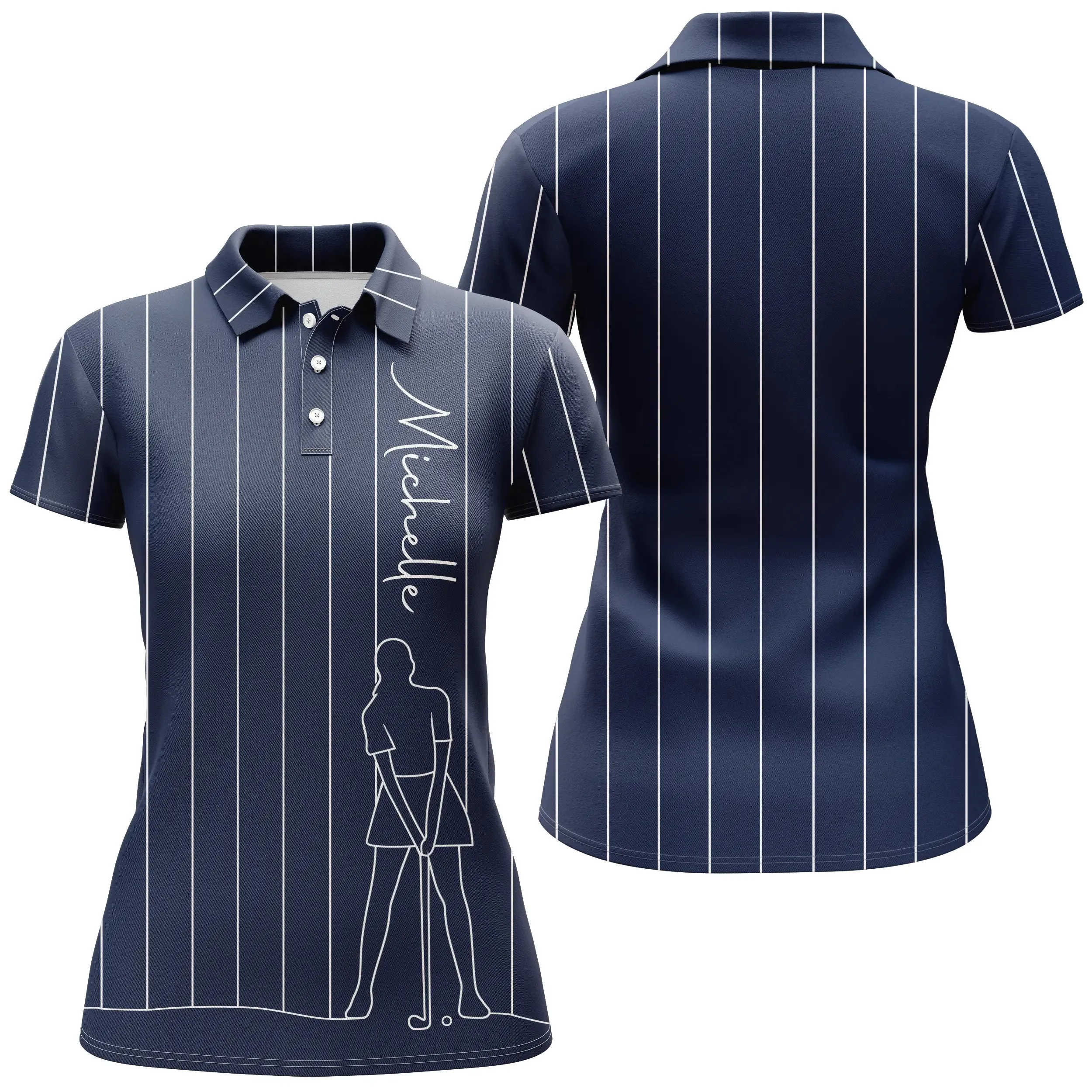 Polo de Golf Personnalisé, Dessin Au Trait Golfeur, Golfeuse, Cadeau Original Pour Fans de Golf, Noir, Blanc, Bleu Marine - CTS19052222