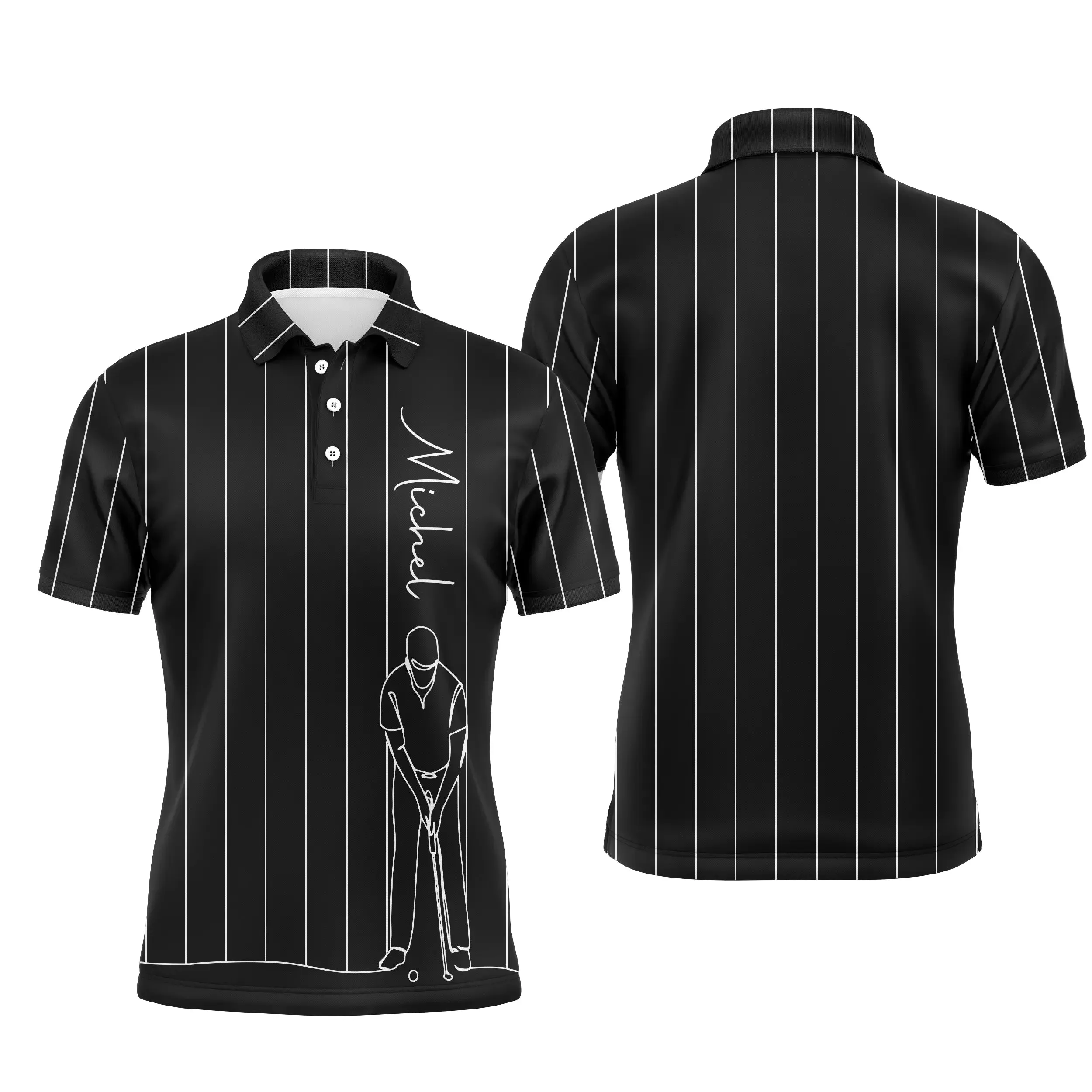 Polo de Golf Personnalisé, Dessin Au Trait Golfeur, Golfeuse, Cadeau Original Pour Fans de Golf, Noir, Blanc, Bleu Marine - CTS19052222