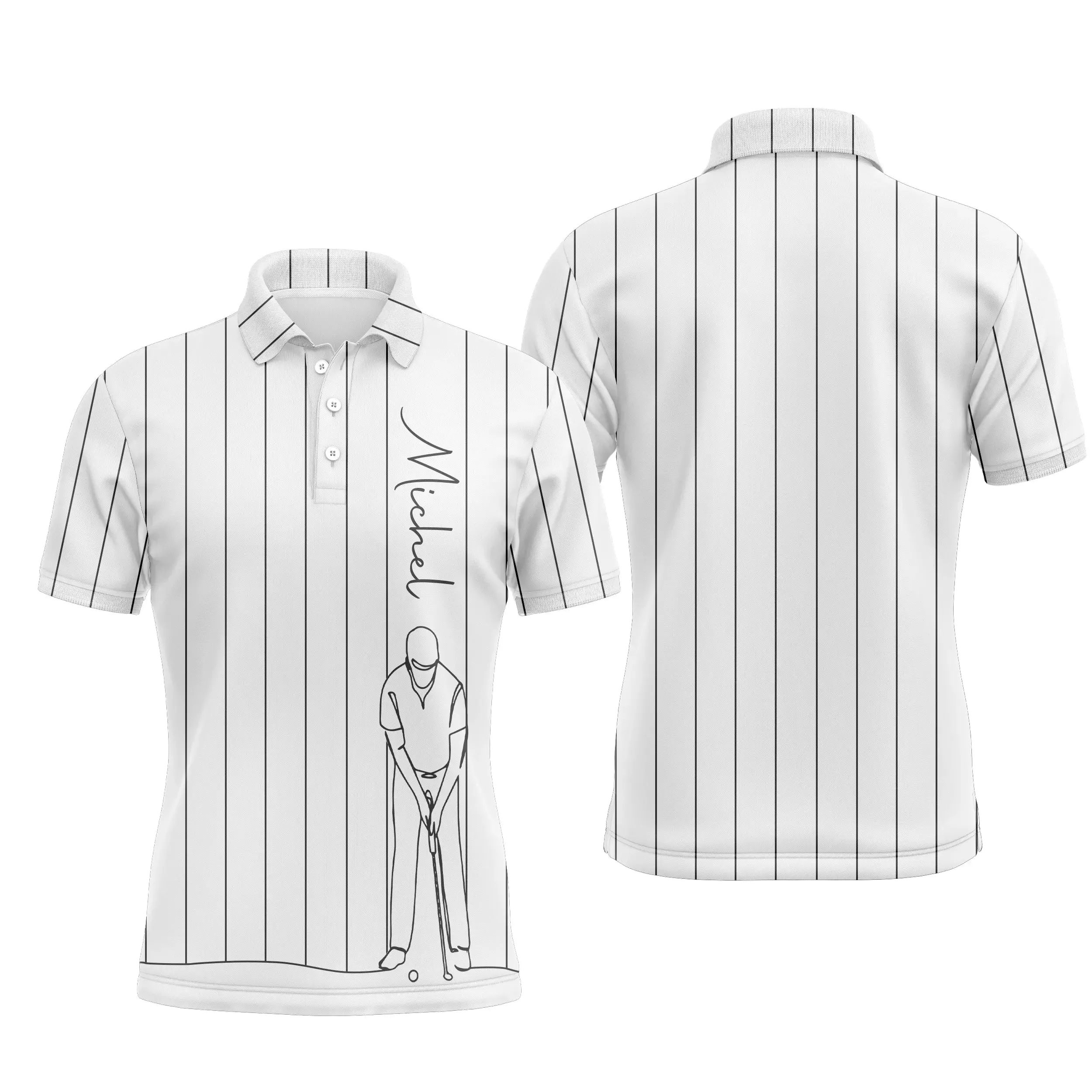 Polo de Golf Personnalisé, Dessin Au Trait Golfeur, Golfeuse, Cadeau Original Pour Fans de Golf, Noir, Blanc, Bleu Marine - CTS19052222