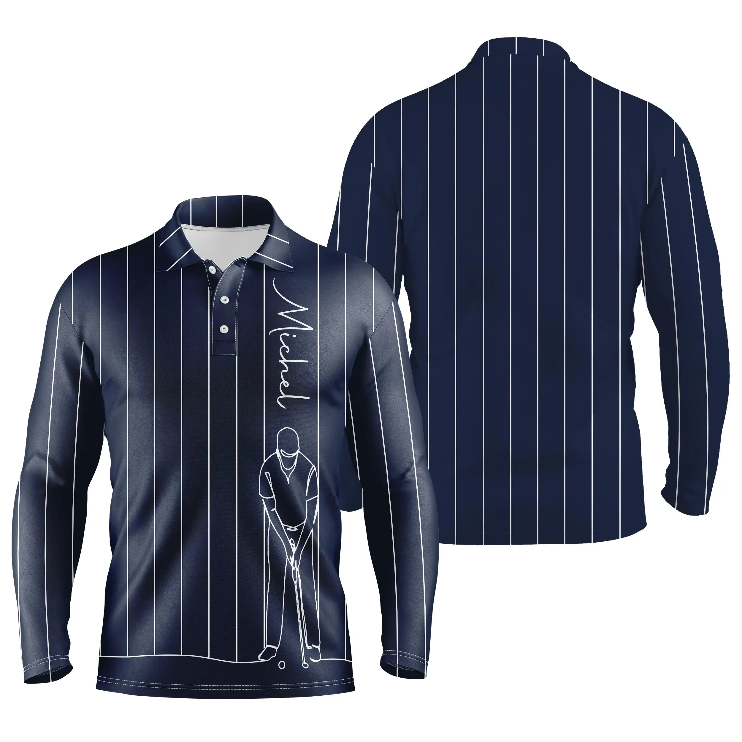 Polo de Golf Personnalisé, Dessin Au Trait Golfeur, Golfeuse, Cadeau Original Pour Fans de Golf, Noir, Blanc, Bleu Marine - CTS19052222