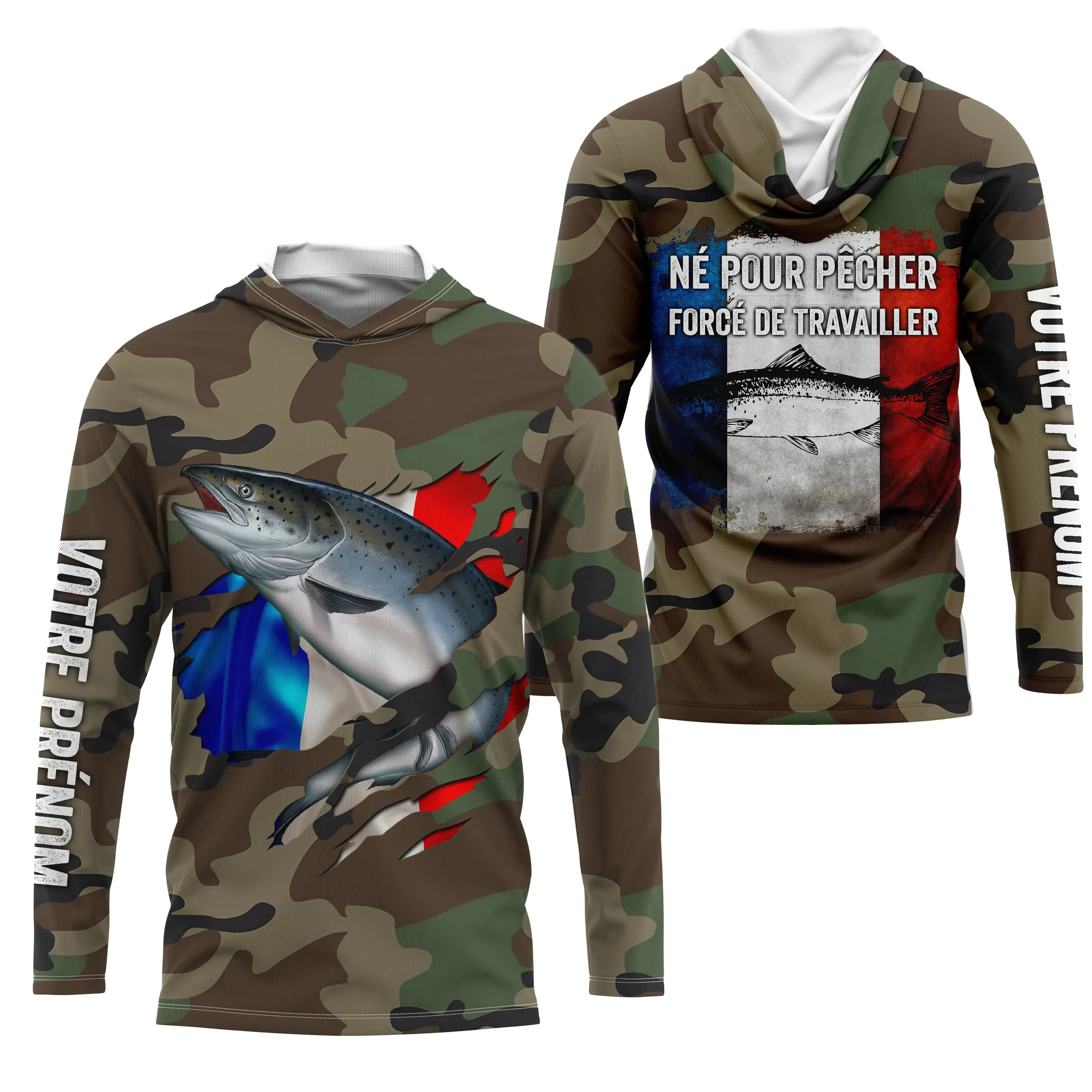 Pêche Au Saumon, Cadeau Original Pêcheur, Camouflage, Drapeau de la France, Cadeau Personnalisé, Né Pour Pêcher Forcé de Travailler - CTS25042229